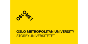 OsloMets logo på gul bakgrunn: "Oslo" og "Met" møtes i en vinkel. Under står det "Oslo Metropolitan University" og "Storbyuniversitetet".