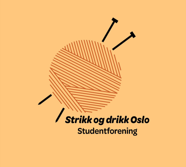 Logo til Strikk og drikk Oslo studentforening. Et garnnøste med to pinner gjennom